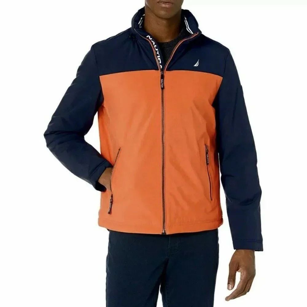 NWT Sz XXL Nautica Orange Navy Blue Stretch Colorblock Bomber Hooded Jacket 2XL